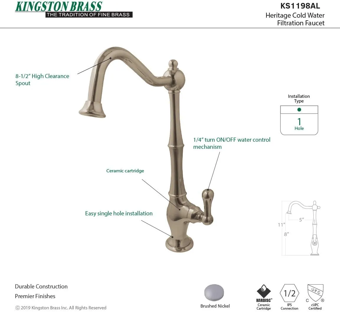 KINGSTON BRASS KS1198AL Heritage Cold Water Filtration Faucet, Brushed Nickel, 0.25
