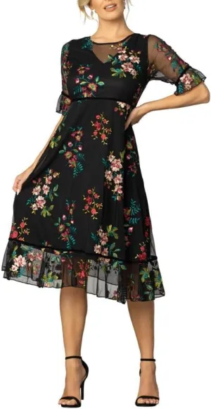 Kiyonna Wildflower Midi Embroidered Cocktail Dress with Sleeves for Cocktail, Party, Wedding Guest, Formal Events, Black Floral Size L (8-10)
