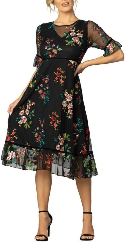 Kiyonna Wildflower Midi Embroidered Cocktail Dress with Sleeves for Cocktail, Party, Wedding Guest, Formal Events, Black Floral Size L (8-10)