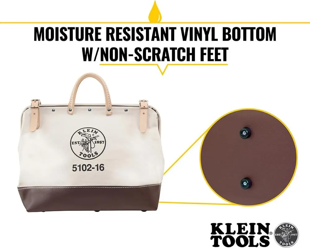 Klein Tools 5102-16 Heavy Duty Natural Canvas Tool Bag, Tool Tote, Multi-Purpose Bag with Wide Hinged Opening and Leather Handles, 16-Inch