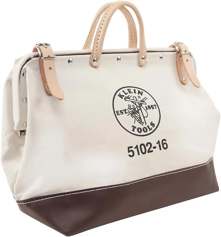 Klein Tools 5102-16 Heavy Duty Natural Canvas Tool Bag, Tool Tote, Multi-Purpose Bag with Wide Hinged Opening and Leather Handles, 16-Inch