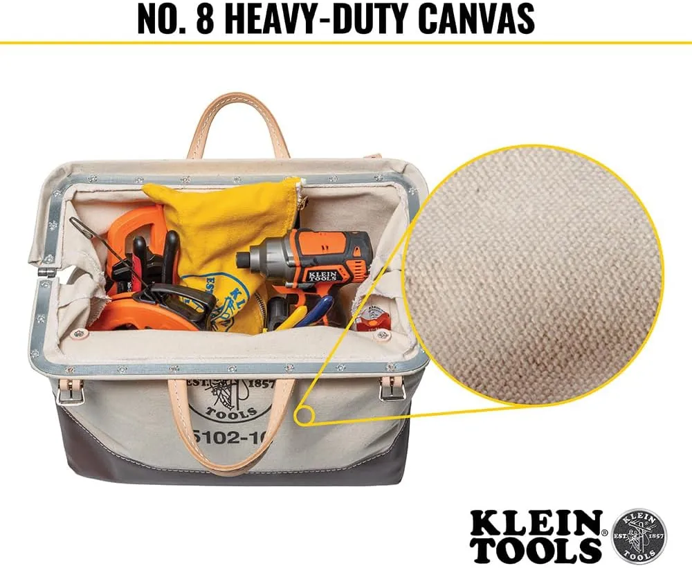 Klein Tools 5102-16 Heavy Duty Natural Canvas Tool Bag, Tool Tote, Multi-Purpose Bag with Wide Hinged Opening and Leather Handles, 16-Inch