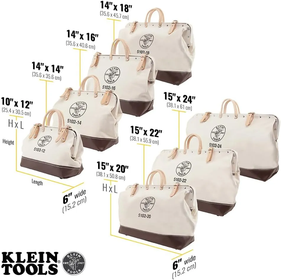 Klein Tools 5102-16 Heavy Duty Natural Canvas Tool Bag, Tool Tote, Multi-Purpose Bag with Wide Hinged Opening and Leather Handles, 16-Inch