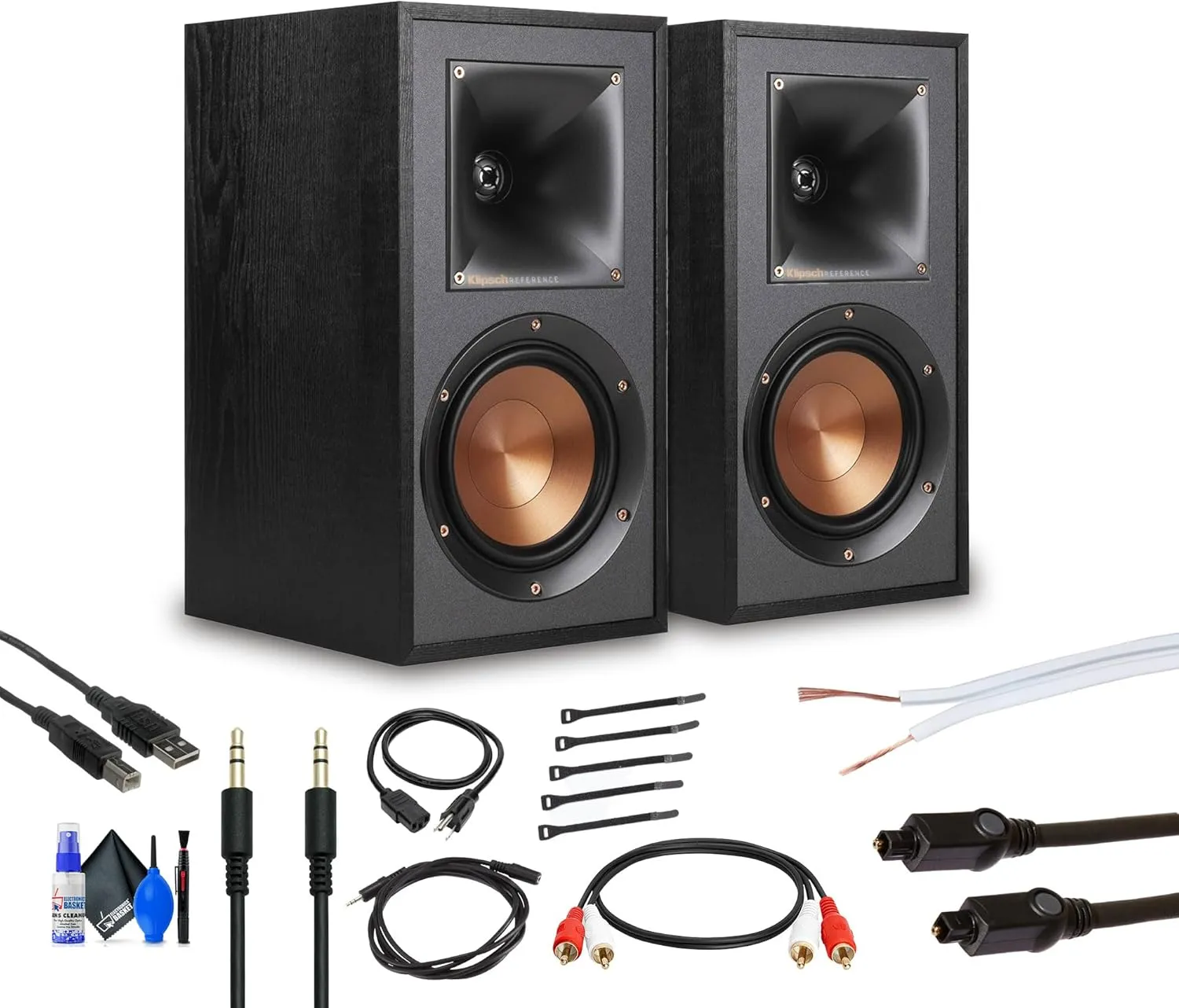 Klipsch R-41PM 2-Way Powered Bluetooth Speakers (1066251) Bundle Including: Auxilary Cable, Other Needed Cables, Cable Ties, Cleaning Kit