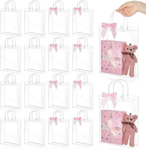 Kolldenn 12 Pcs Clear Plastic Gift Bags with Handles, 9.84'' x 7.87''x 2.76'', Reusable Party Favor Bags with Ribbon Bows Transparent Gift Wrap Bags Bulk for Weddings Birthdays Baby Shower(Pink)