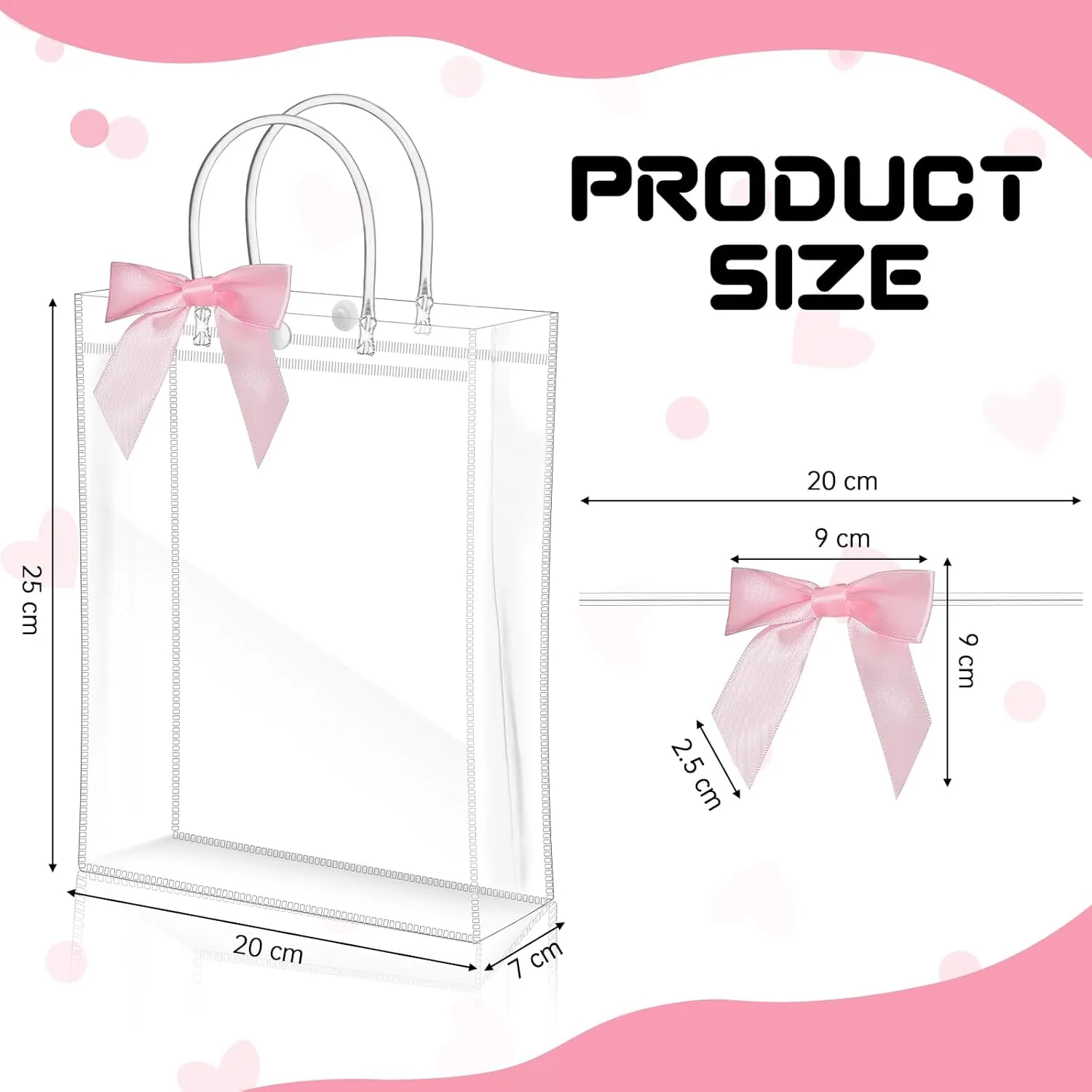 Kolldenn 12 Pcs Clear Plastic Gift Bags with Handles, 9.84'' x 7.87''x 2.76'', Reusable Party Favor Bags with Ribbon Bows Transparent Gift Wrap Bags Bulk for Weddings Birthdays Baby Shower(Pink)