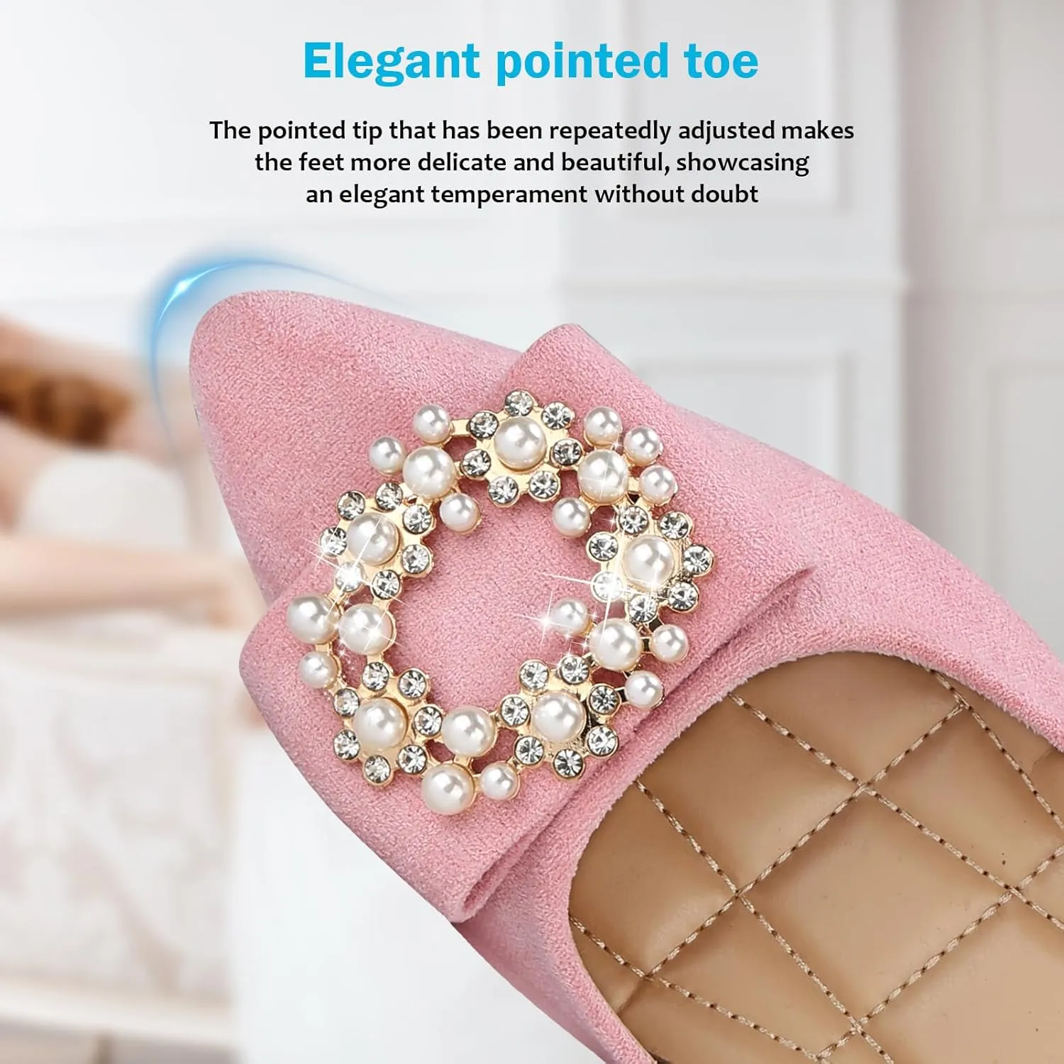 KUNWFNIX Women's Ballet Flats Crystal Wedding Ballerina Shoes Pointed Toe Pearl Diamond Low Heel Comfortable Dressy Work Business Dance Flats