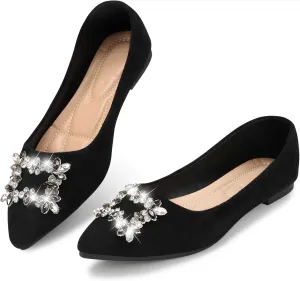 KUNWFNIX Women's Ballet Flats Crystal Wedding Ballerina Shoes Pointed Toe Pearl Diamond Low Heel Comfortable Dressy Work Business Dance Flats