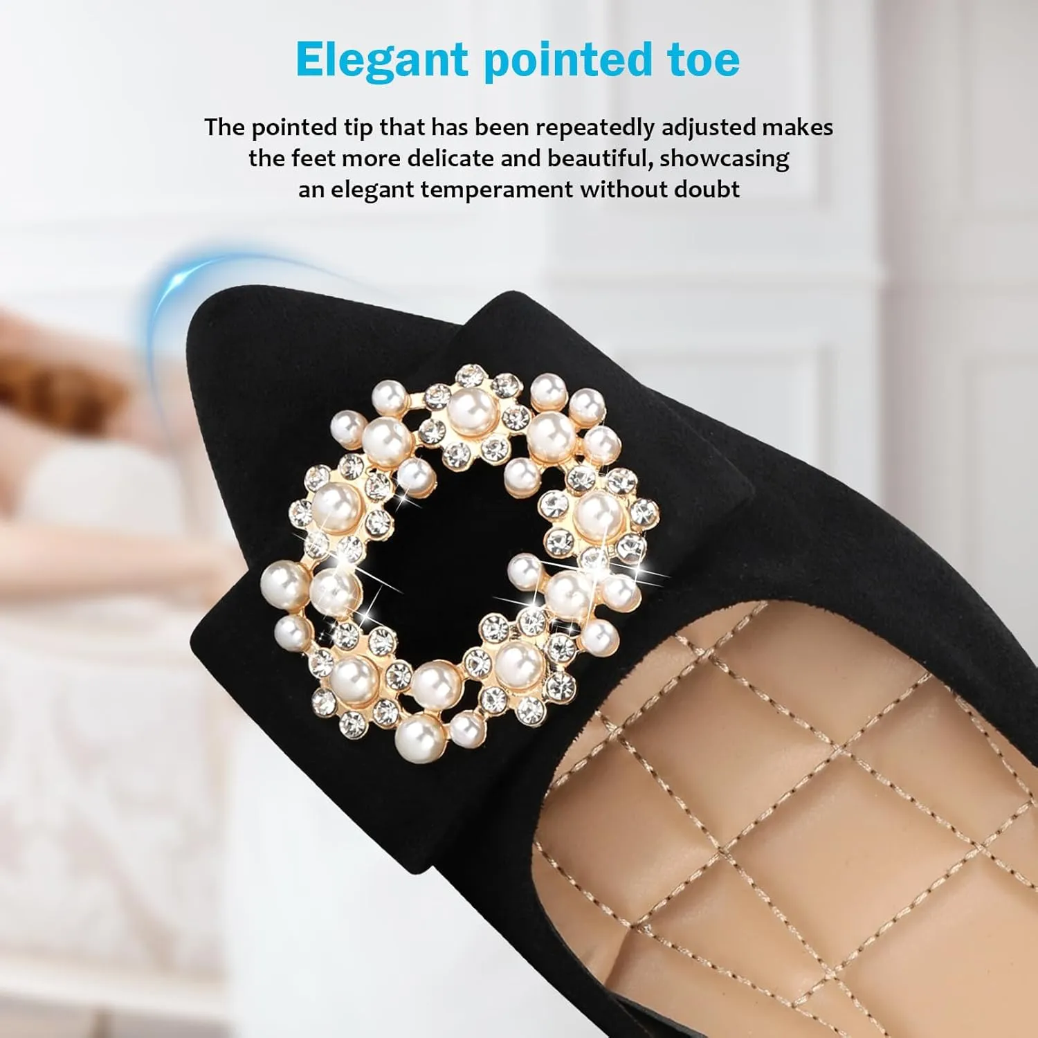 KUNWFNIX Women's Ballet Flats Crystal Wedding Ballerina Shoes Pointed Toe Pearl Diamond Low Heel Comfortable Dressy Work Business Dance Flats
