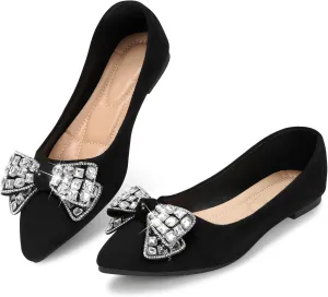 KUNWFNIX Women's Ballet Flats Crystal Wedding Ballerina Shoes Pointed Toe Pearl Diamond Low Heel Comfortable Dressy Work Business Dance Flats