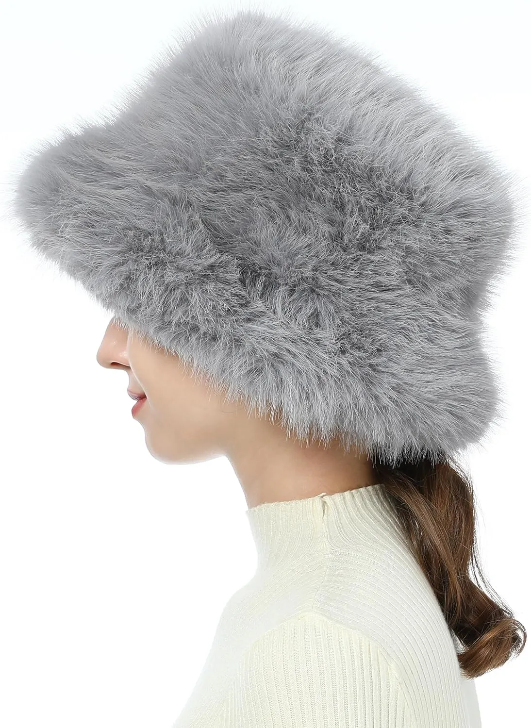 LA CARRIE Women's Fuzzy Wide Brim Faux Fur Bucket Hat Winter Warmer Fisherman Cap