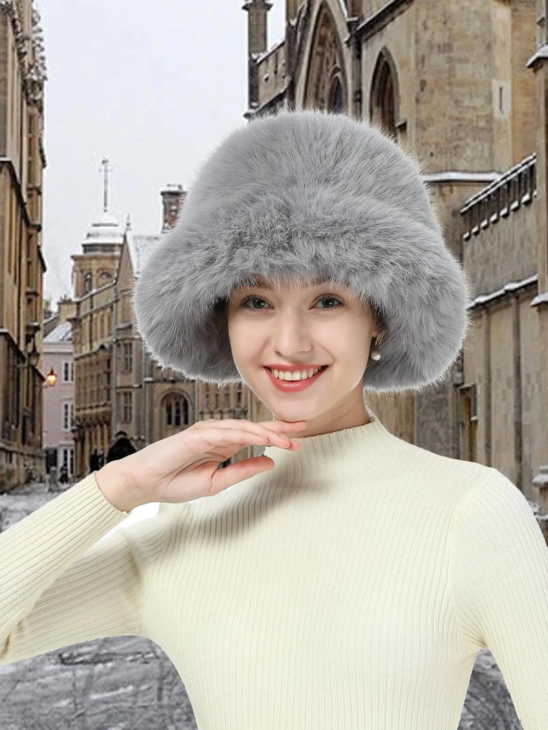 LA CARRIE Women's Fuzzy Wide Brim Faux Fur Bucket Hat Winter Warmer Fisherman Cap