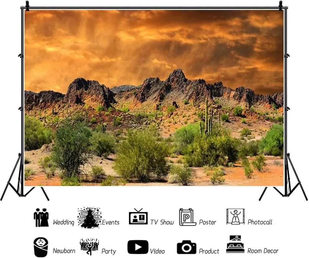 Laeacco 12x8ft Dusk Desolate Desert Photography Backdrop Sunset Glow Cactuses Weathered Mountains Scenic Backdrop Wedding Photo Studio Indoor Shoot Wallpaper Stage Performance School Play Background