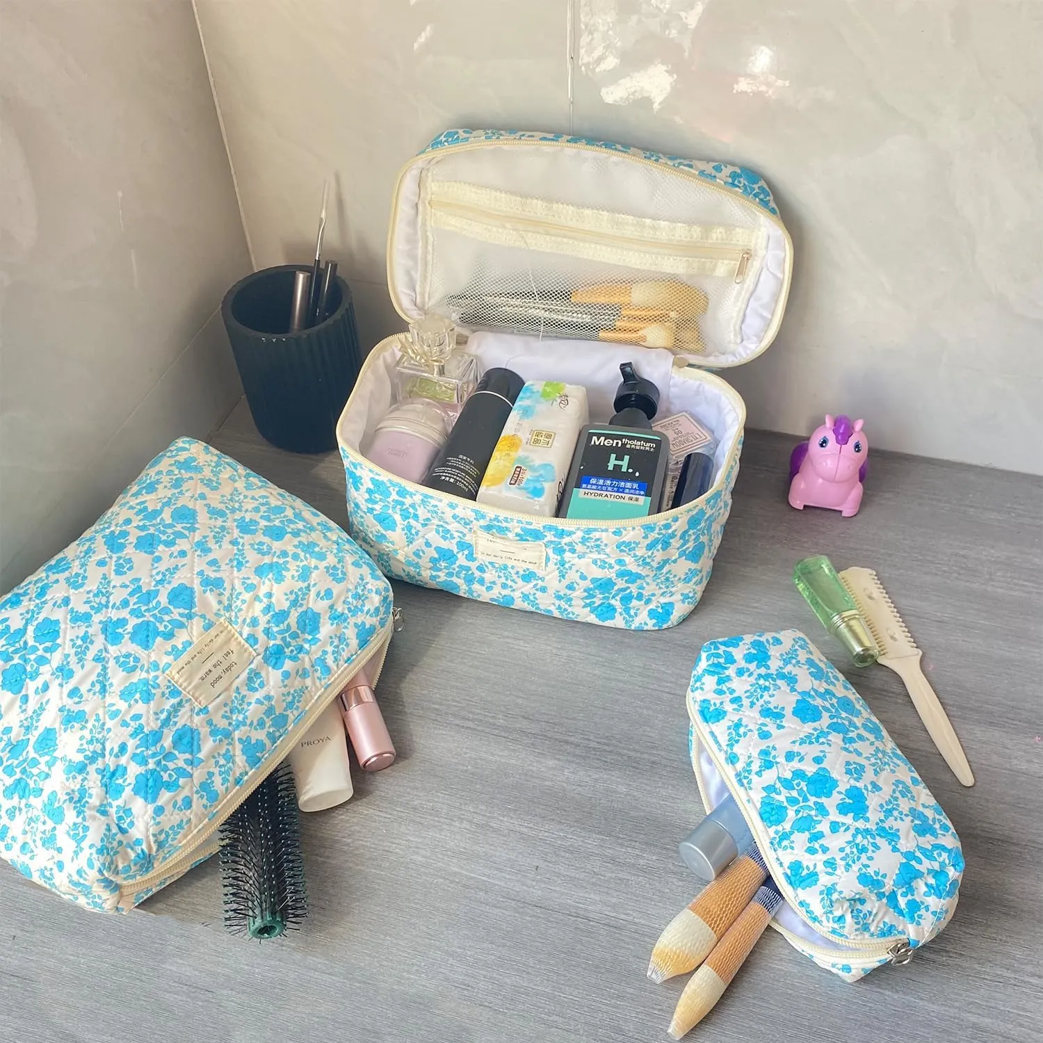 Lake Blue Large Quilted Floral Makeup Bag Set of 3 Cute Coquette Aesthetic Cosmetic Bag Set Travel Toiletry Bag for Women
