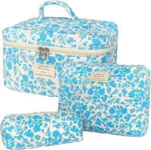 Lake Blue Large Quilted Floral Makeup Bag Set of 3 Cute Coquette Aesthetic Cosmetic Bag Set Travel Toiletry Bag for Women