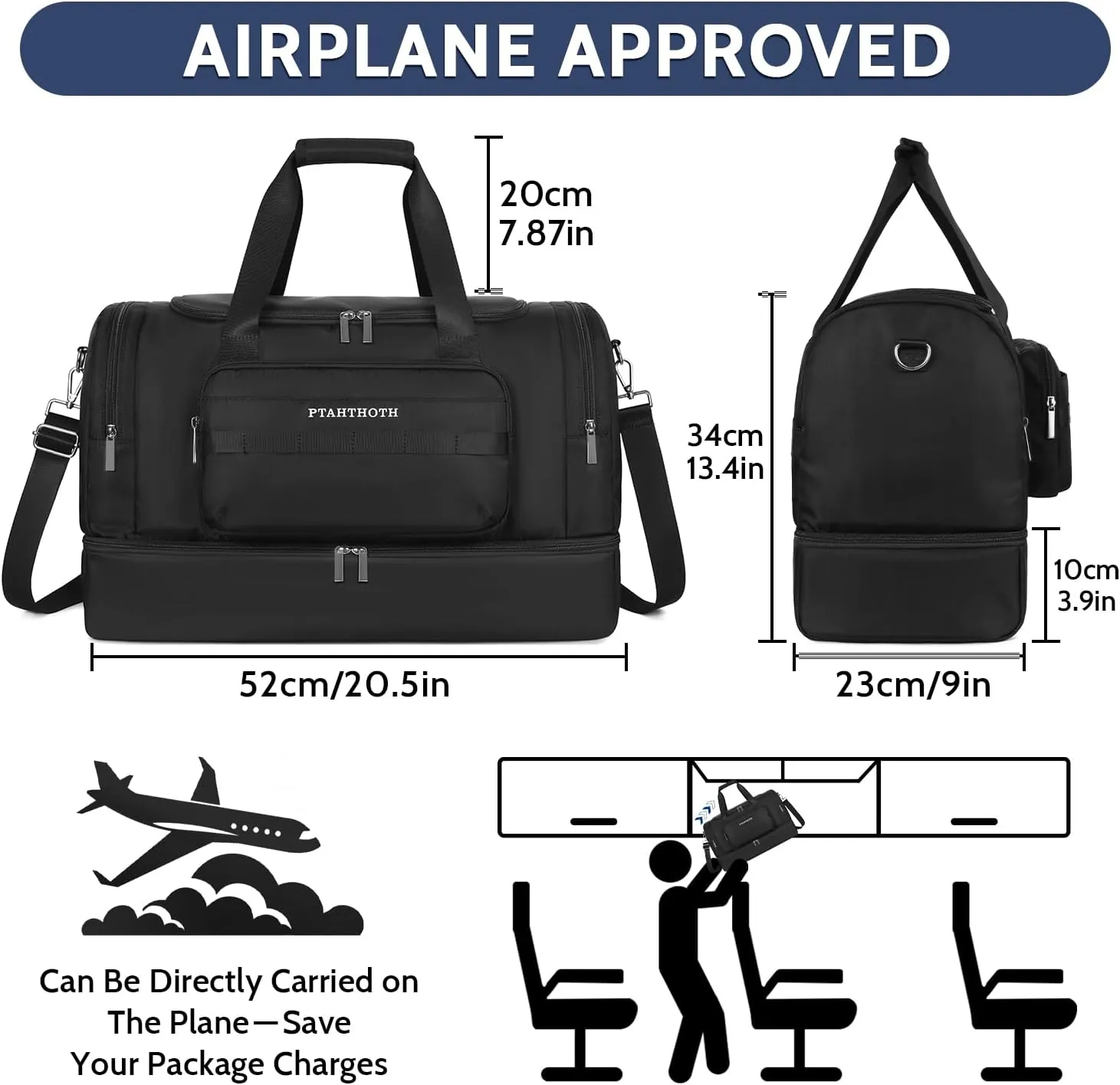 Large 42L Carry On Duffle Bag for Travel & Gym - TSA Approved Airplane Personal Item with Shoe Compartment & Wet Pocket, Water-Resistant Weekender Overnight Bag for Men Women (Grey)