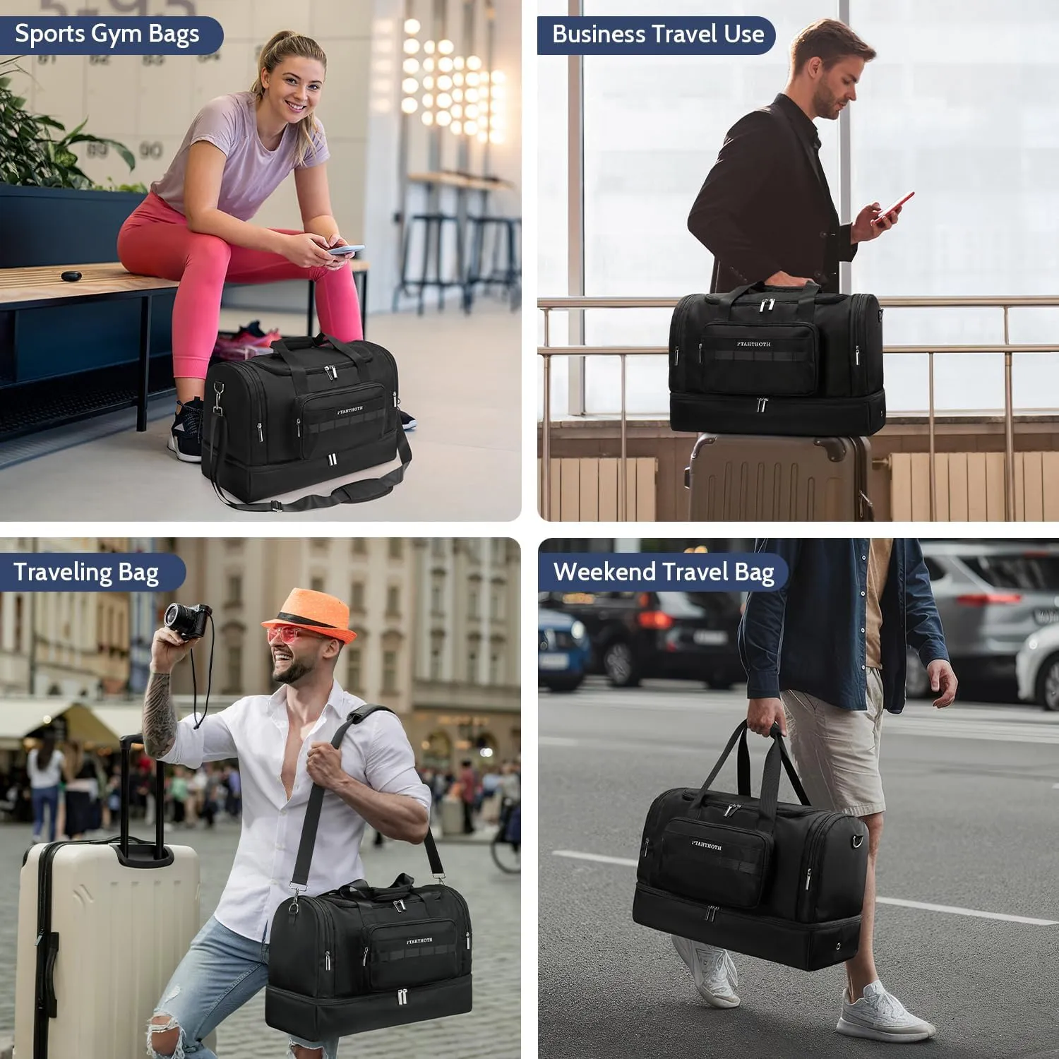 Large 42L Carry On Duffle Bag for Travel & Gym - TSA Approved Airplane Personal Item with Shoe Compartment & Wet Pocket, Water-Resistant Weekender Overnight Bag for Men Women (Grey)