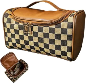 Large Capacity Checkboard Plaid Cosmetic Bag for Women Travel Makeup Organizer Waterproof Toiletry Bag (Brown)
