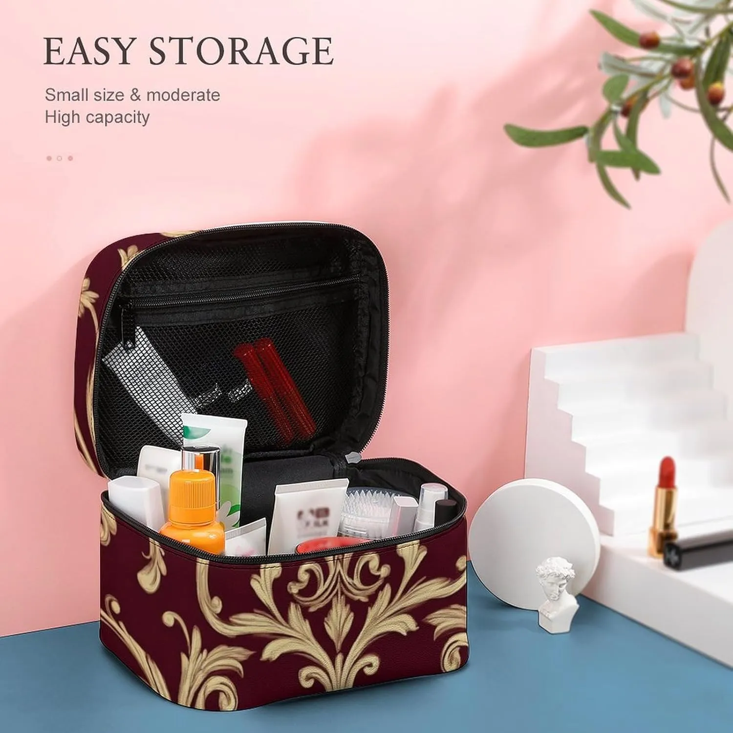 Large Capacity Makeup Organizer Bag, Portable Stylish Cosmetic Case with Zipper Pouch Flower Maroon Gold Floral Classy Burgundy Antique Toiletry Storage Bag Travel Accessories