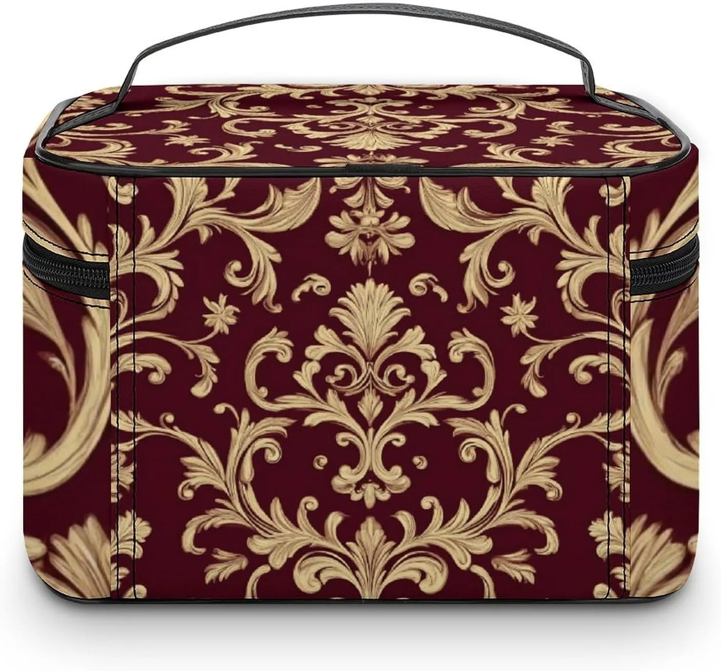 Large Capacity Makeup Organizer Bag, Portable Stylish Cosmetic Case with Zipper Pouch Flower Maroon Gold Floral Classy Burgundy Antique Toiletry Storage Bag Travel Accessories