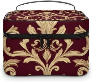 Large Capacity Makeup Organizer Bag, Portable Stylish Cosmetic Case with Zipper Pouch Flower Maroon Gold Floral Classy Burgundy Antique Toiletry Storage Bag Travel Accessories