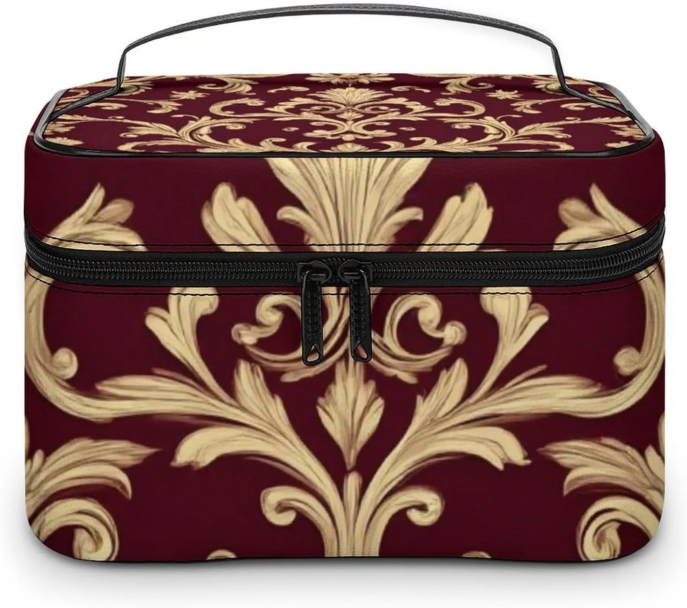 Large Capacity Makeup Organizer Bag, Portable Stylish Cosmetic Case with Zipper Pouch Flower Maroon Gold Floral Classy Burgundy Antique Toiletry Storage Bag Travel Accessories