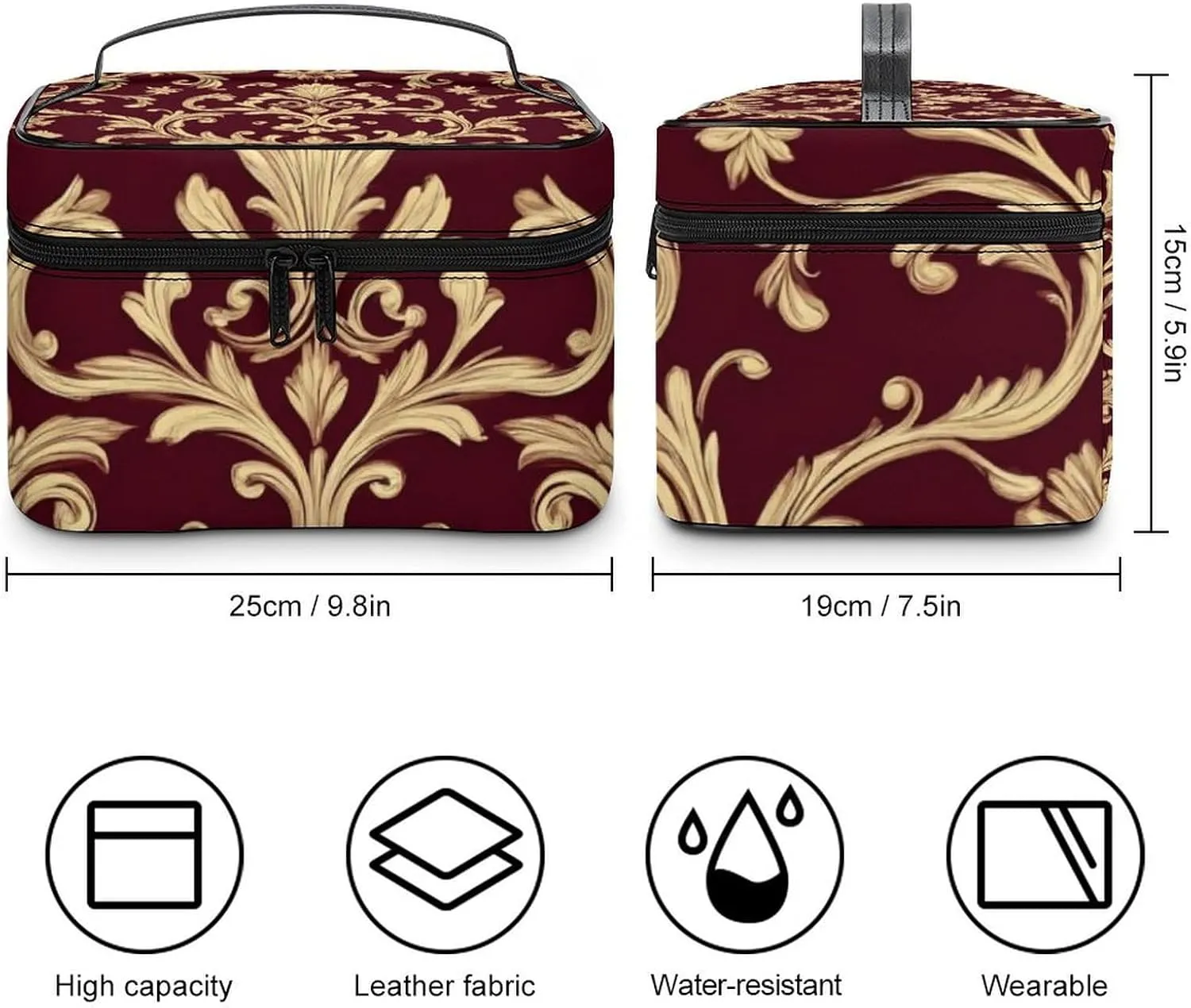 Large Capacity Makeup Organizer Bag, Portable Stylish Cosmetic Case with Zipper Pouch Flower Maroon Gold Floral Classy Burgundy Antique Toiletry Storage Bag Travel Accessories