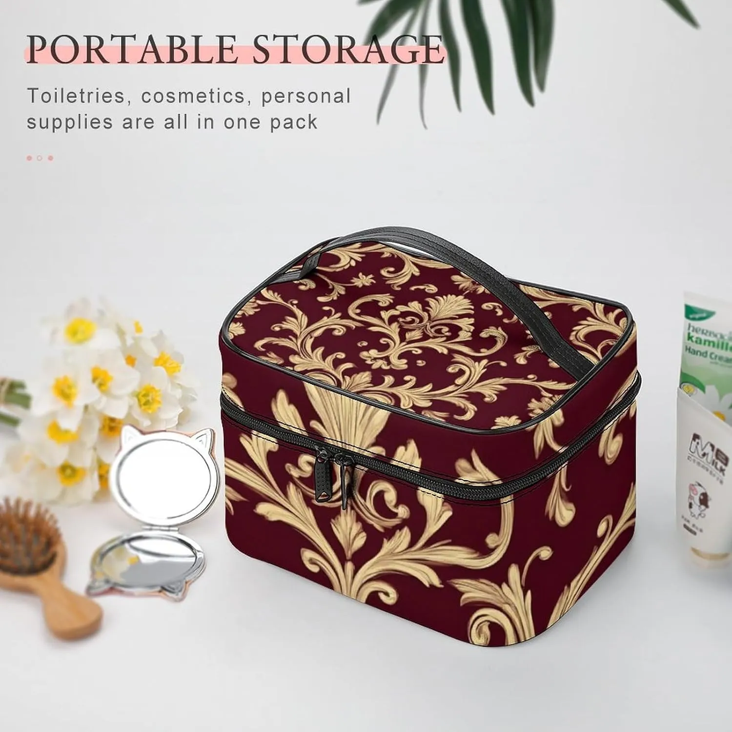 Large Capacity Makeup Organizer Bag, Portable Stylish Cosmetic Case with Zipper Pouch Flower Maroon Gold Floral Classy Burgundy Antique Toiletry Storage Bag Travel Accessories