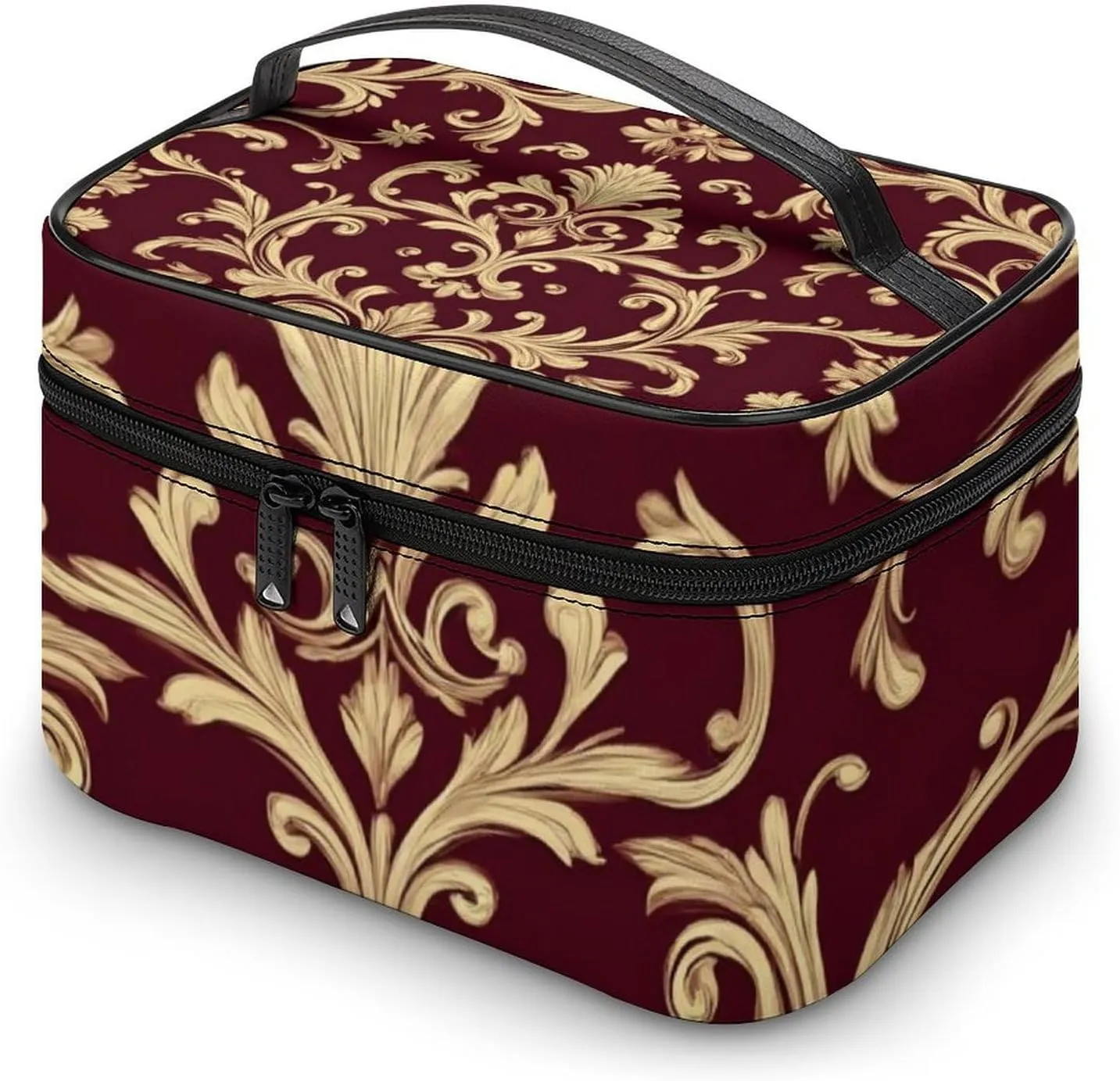 Large Capacity Makeup Organizer Bag, Portable Stylish Cosmetic Case with Zipper Pouch Flower Maroon Gold Floral Classy Burgundy Antique Toiletry Storage Bag Travel Accessories