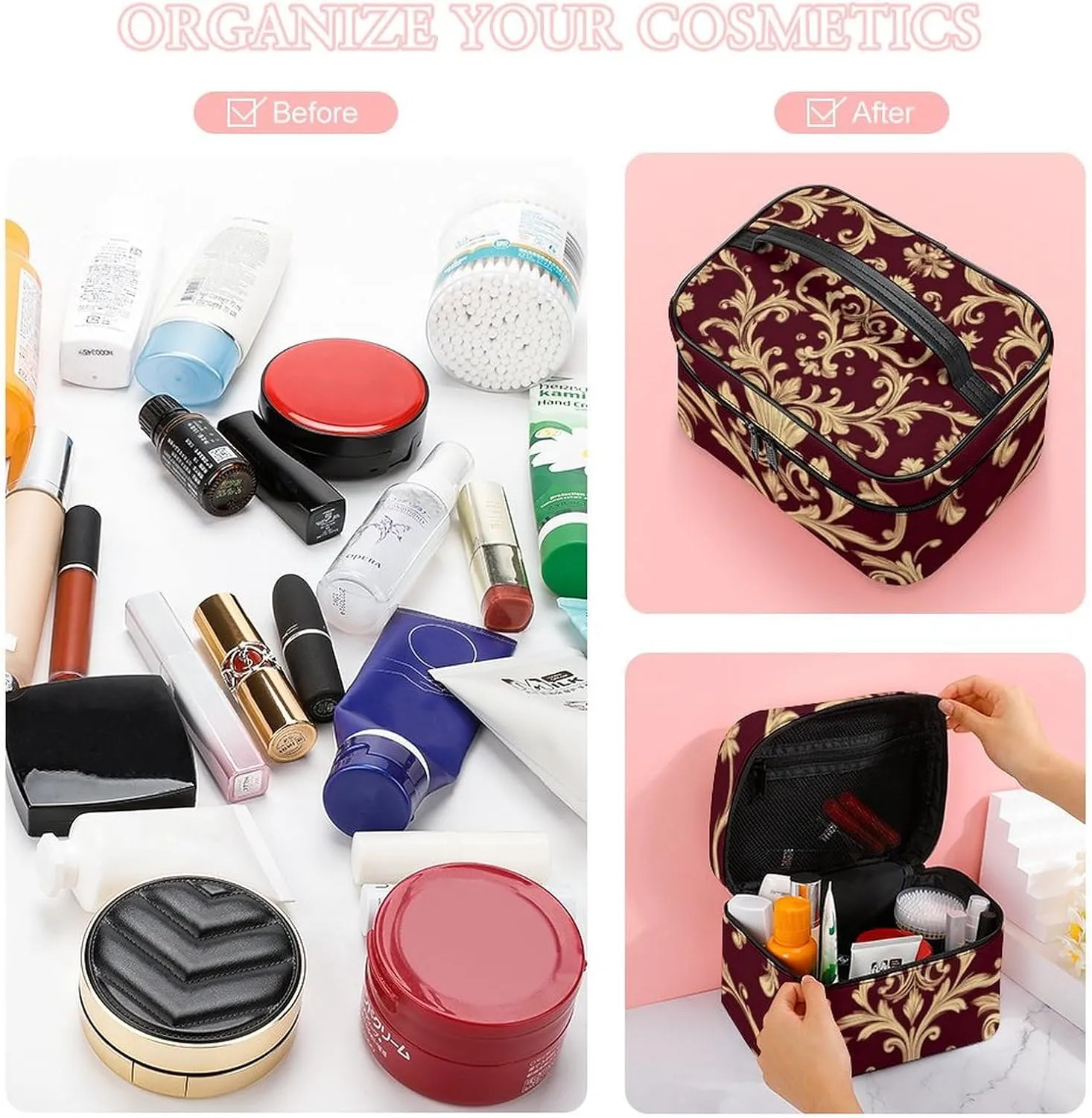 Large Capacity Makeup Organizer Bag, Portable Stylish Cosmetic Case with Zipper Pouch Flower Maroon Gold Floral Classy Burgundy Antique Toiletry Storage Bag Travel Accessories
