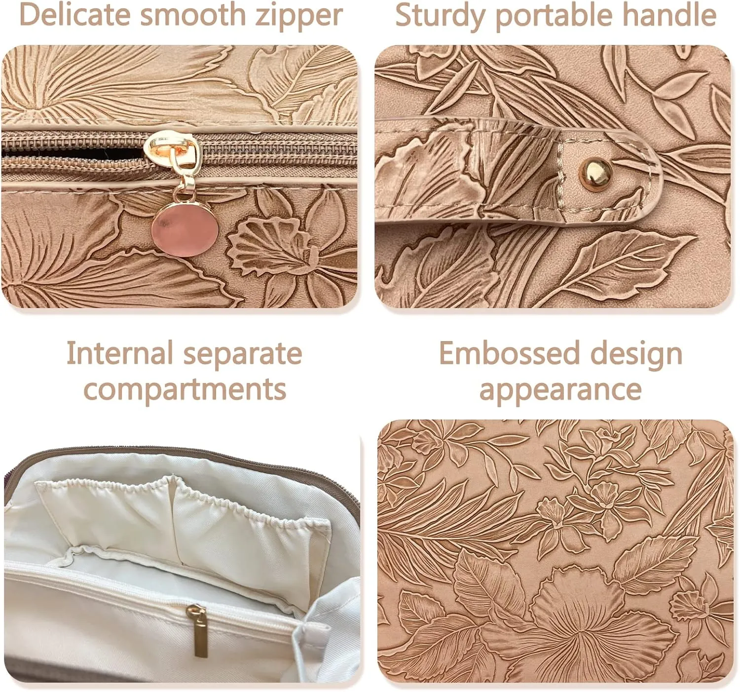 Large Capacity Travel Cosmetic Bag with Compartment, Waterproof PU Leather Portable Flower Makeup Organizer Bag for Women and Girls - Khaki