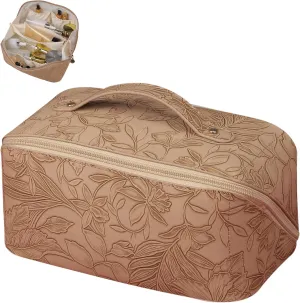 Large Capacity Travel Cosmetic Bag with Compartment, Waterproof PU Leather Portable Flower Makeup Organizer Bag for Women and Girls - Khaki