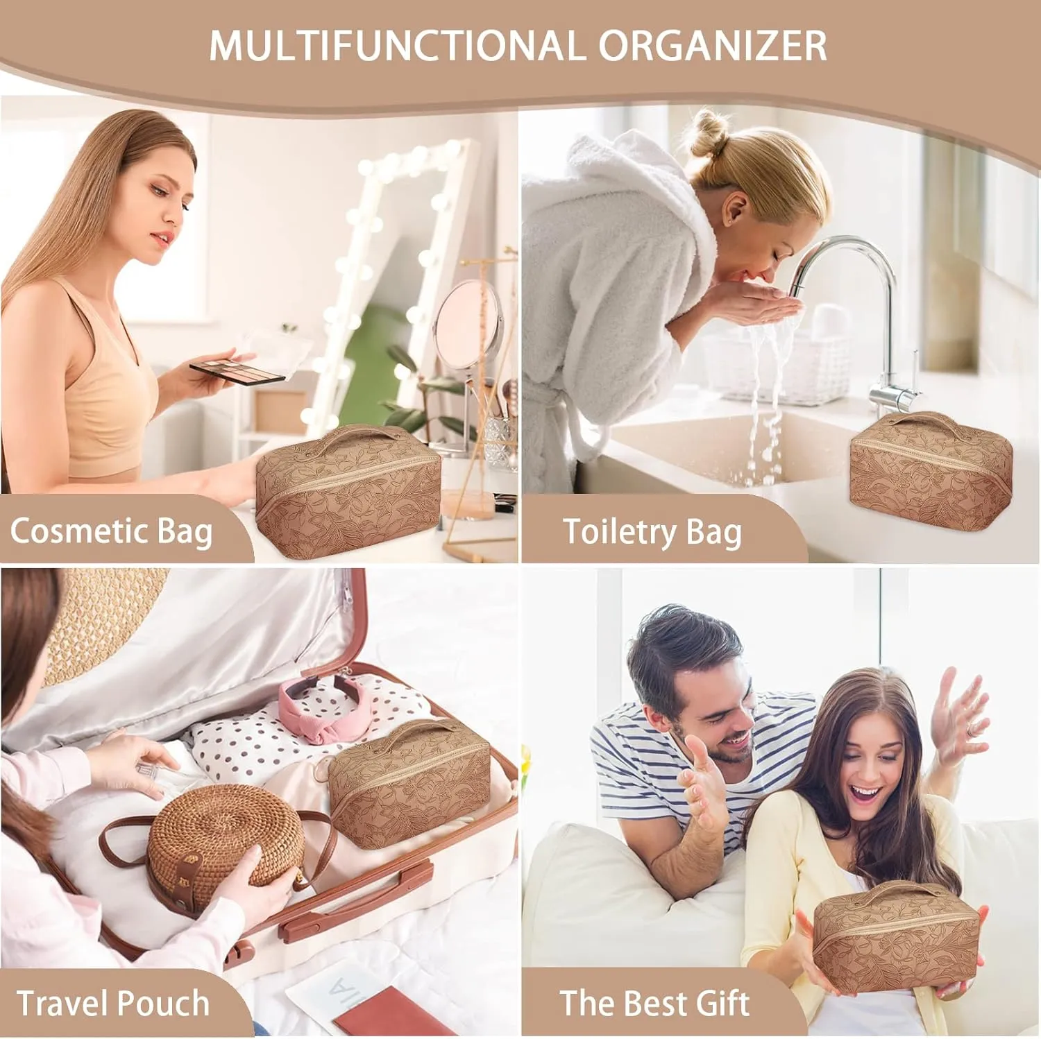 Large Capacity Travel Cosmetic Bag with Compartment, Waterproof PU Leather Portable Flower Makeup Organizer Bag for Women and Girls - Khaki