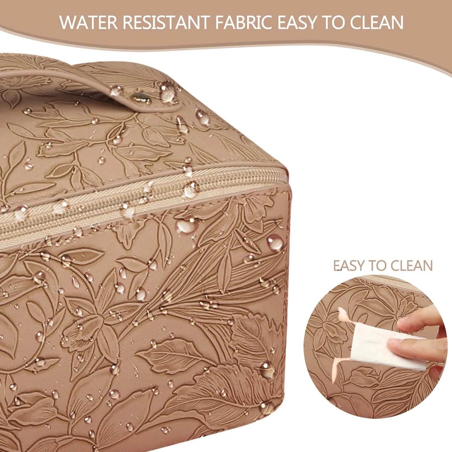 Large Capacity Travel Cosmetic Bag with Compartment, Waterproof PU Leather Portable Flower Makeup Organizer Bag for Women and Girls - Khaki