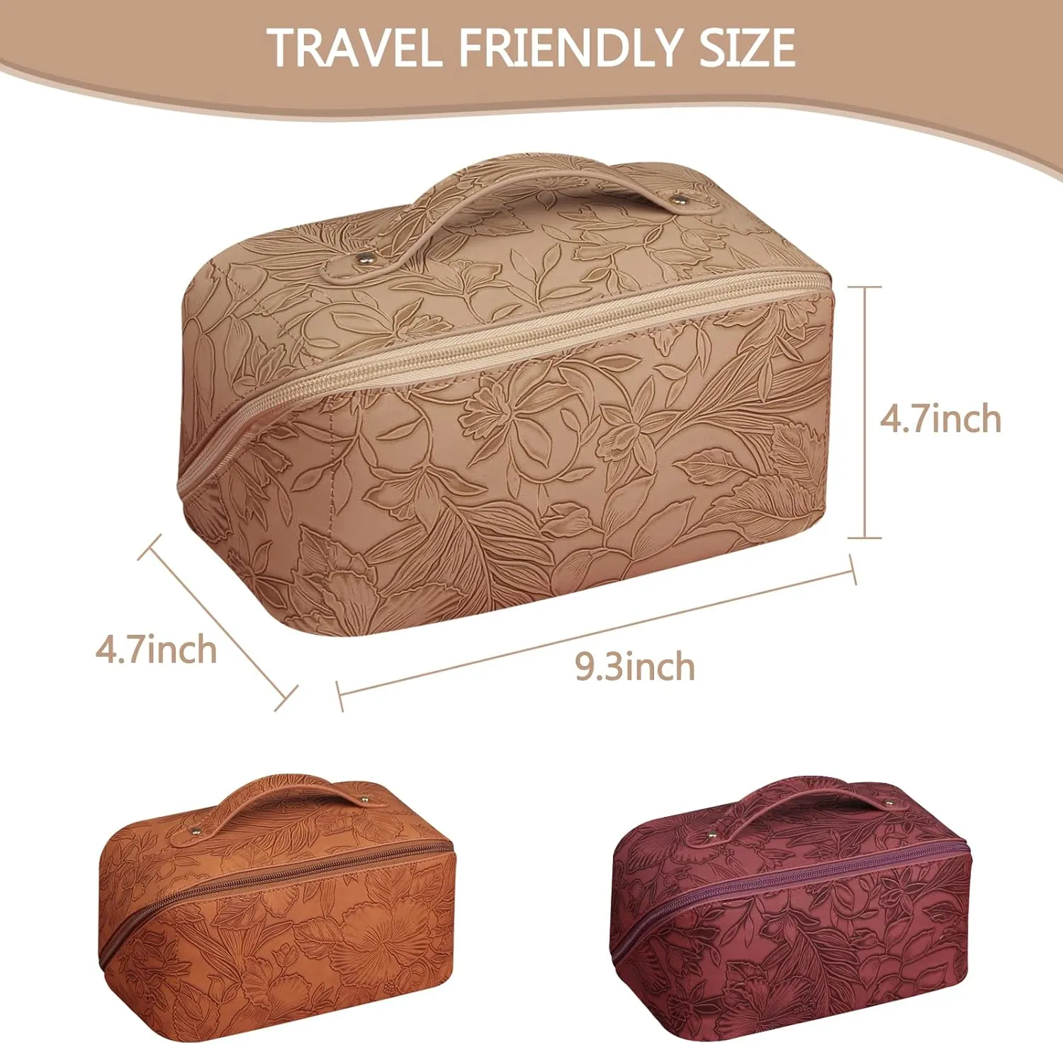 Large Capacity Travel Cosmetic Bag with Compartment, Waterproof PU Leather Portable Flower Makeup Organizer Bag for Women and Girls - Khaki