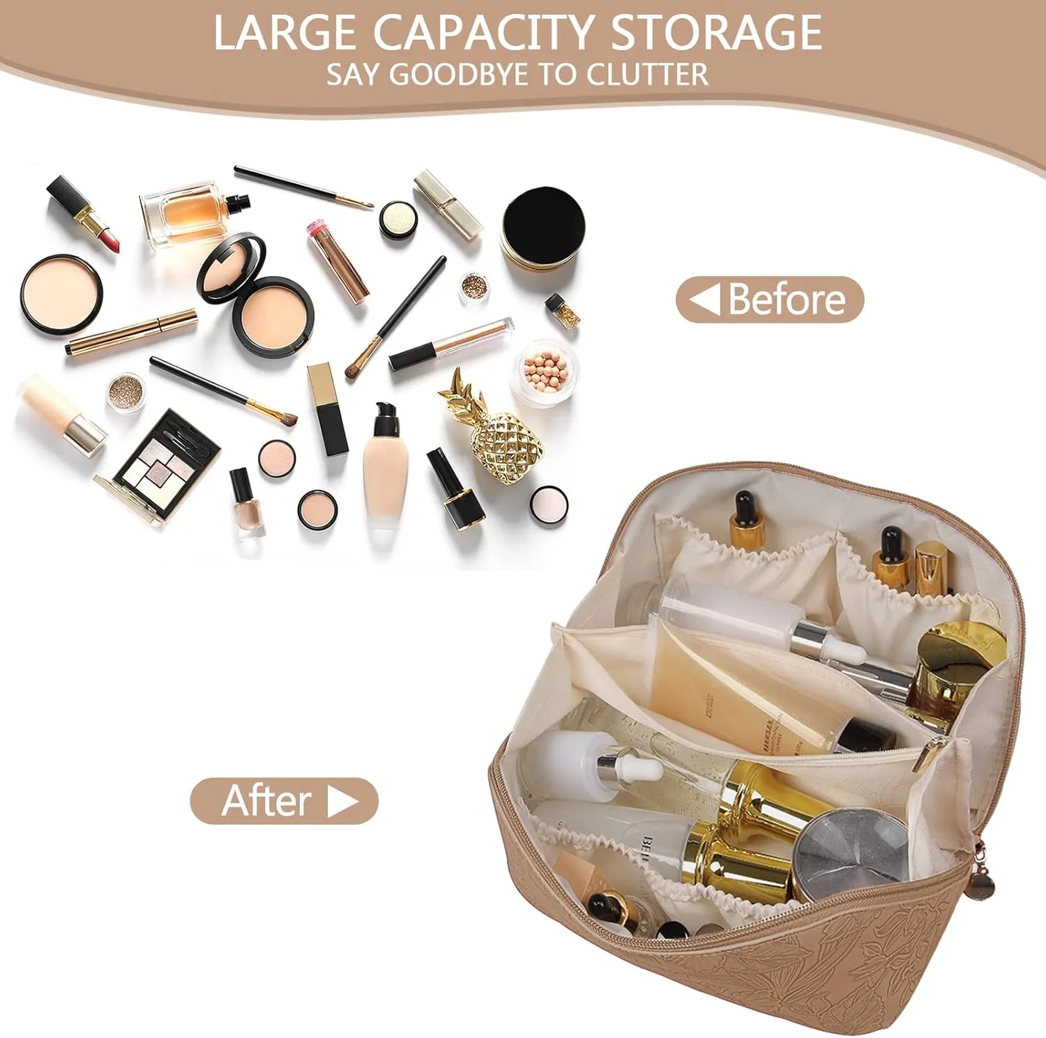 Large Capacity Travel Cosmetic Bag with Compartment, Waterproof PU Leather Portable Flower Makeup Organizer Bag for Women and Girls - Khaki
