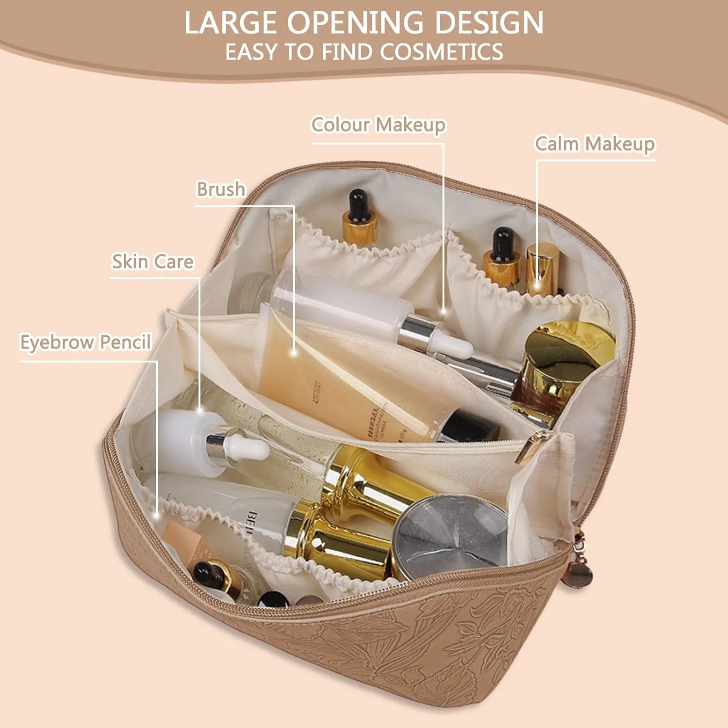 Large Capacity Travel Cosmetic Bag with Compartment, Waterproof PU Leather Portable Flower Makeup Organizer Bag for Women and Girls - Khaki