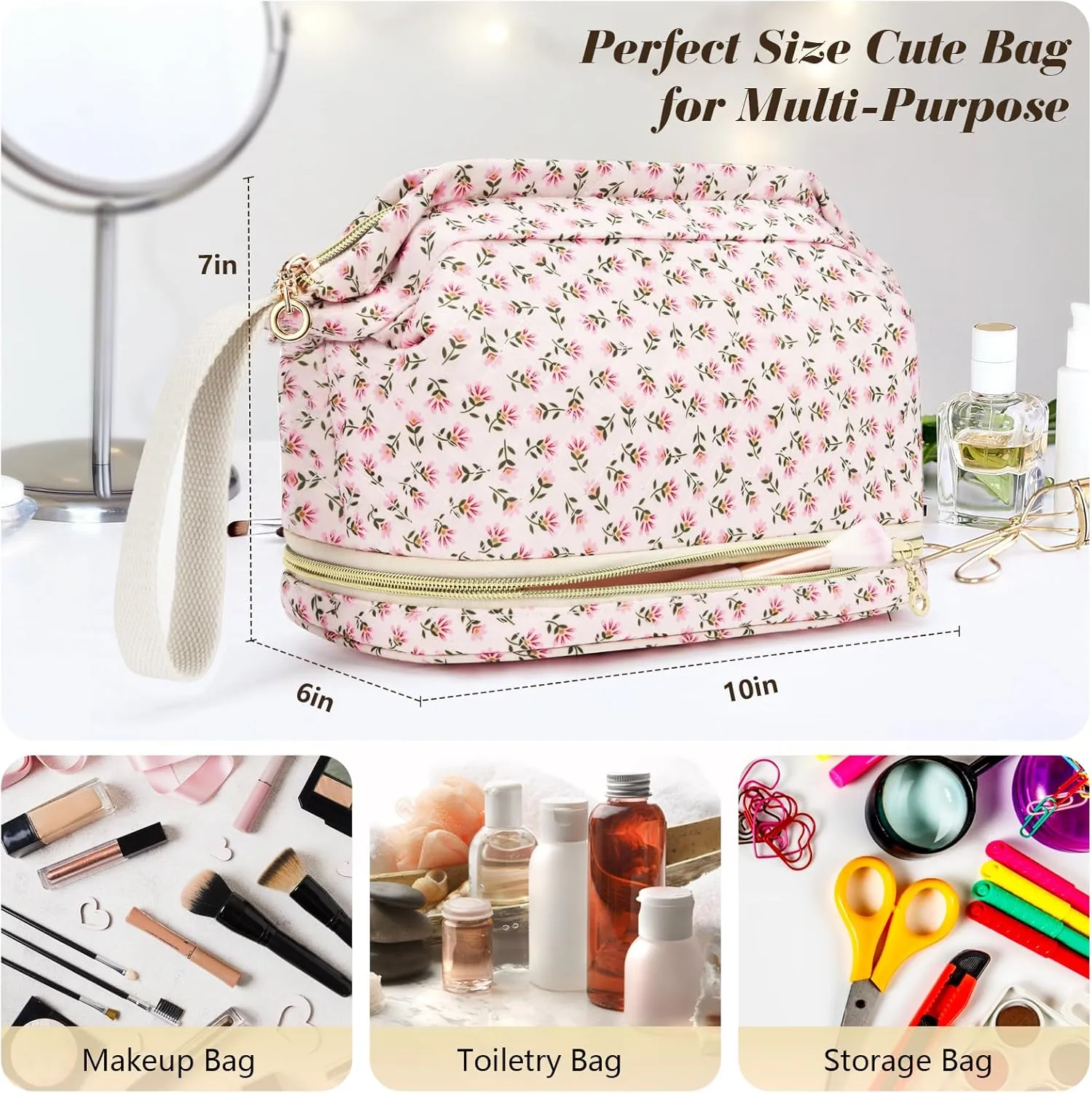 Large Makeup Bag, Quilted Cosmetic Bag, Large Floral Make Up Bag for Women, Cute Floral Skin Care Bag Double Layer Makeup Bags Flower Travel Toiletry Bag - Red Flower