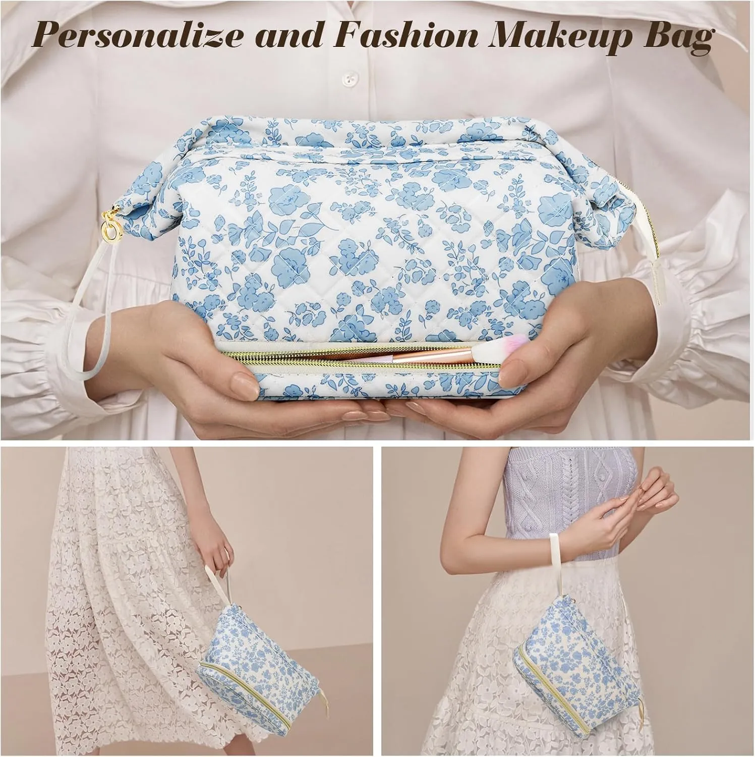 Large Makeup Bag, Quilted Cosmetic Bag, Large Floral Make Up Bag for Women, Cute Floral Skin Care Bag Double Layer Makeup Bags Flower Travel Toiletry Bag - Red Flower