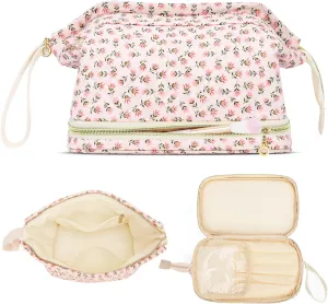 Large Makeup Bag, Quilted Cosmetic Bag, Large Floral Make Up Bag for Women, Cute Floral Skin Care Bag Double Layer Makeup Bags Flower Travel Toiletry Bag - Red Flower