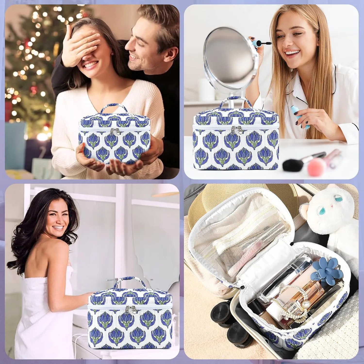 Large Makeup Bag Quilted Makeup Bags Cute Cosmetic Bag for Women Girls Floral Coquette Aesthetic Toiletry Bag Travel Make Up Organizer Blue Skincare Bag
