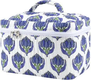 Large Makeup Bag Quilted Makeup Bags Cute Cosmetic Bag for Women Girls Floral Coquette Aesthetic Toiletry Bag Travel Make Up Organizer Blue Skincare Bag