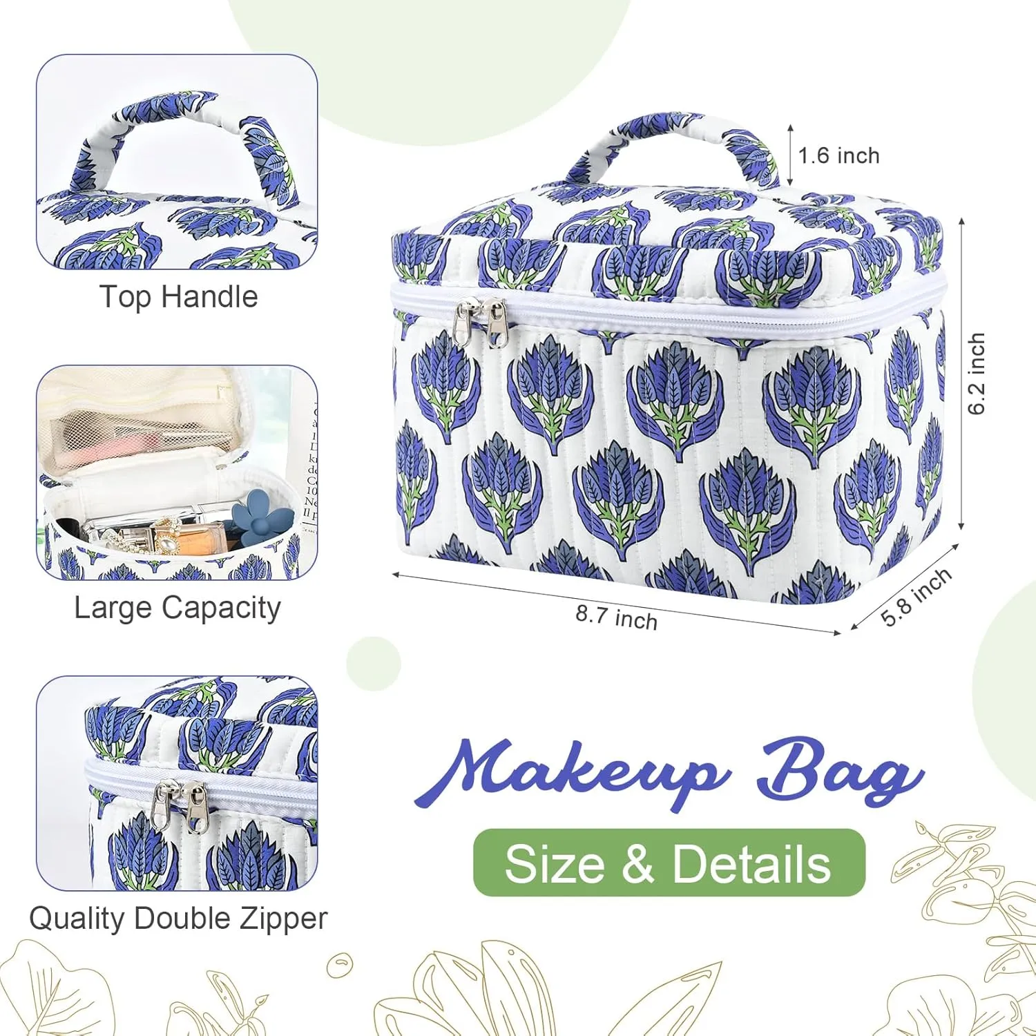 Large Makeup Bag Quilted Makeup Bags Cute Cosmetic Bag for Women Girls Floral Coquette Aesthetic Toiletry Bag Travel Make Up Organizer Blue Skincare Bag