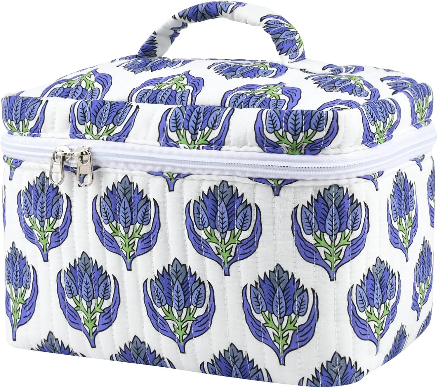 Large Makeup Bag Quilted Makeup Bags Cute Cosmetic Bag for Women Girls Floral Coquette Aesthetic Toiletry Bag Travel Make Up Organizer Blue Skincare Bag