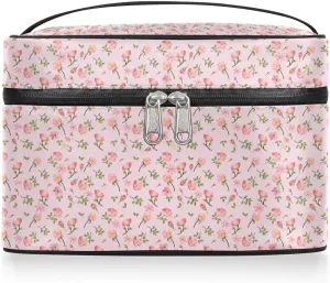 Large Makeup Bag Travel Cosmetic Bags for Women Pink Vintage Bohemian Spring Flower Floral Makeup Organizer Case Toiletry Bag for Girls Traveling Wide Open Portable Pouch with Handle