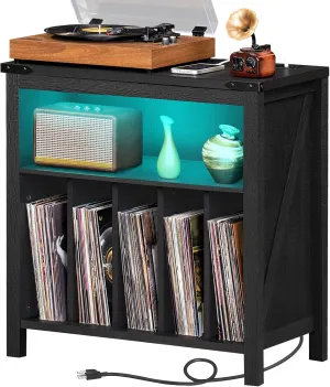 Large Record Player Stand with Charging Station & LED Lights, Black Vinyl Record Storage Holder Holds up to 230 Albums, Turntable Stand with Display Shelf for Music Room Bedroom Living Room.