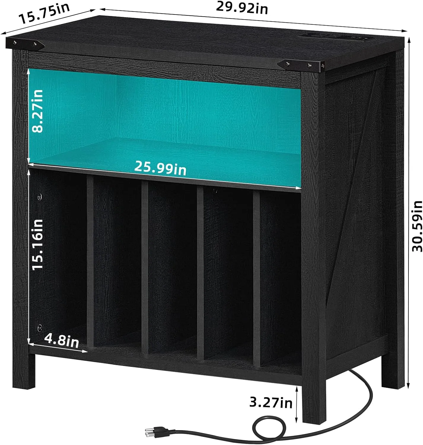 Large Record Player Stand with Charging Station & LED Lights, Black Vinyl Record Storage Holder Holds up to 230 Albums, Turntable Stand with Display Shelf for Music Room Bedroom Living Room.