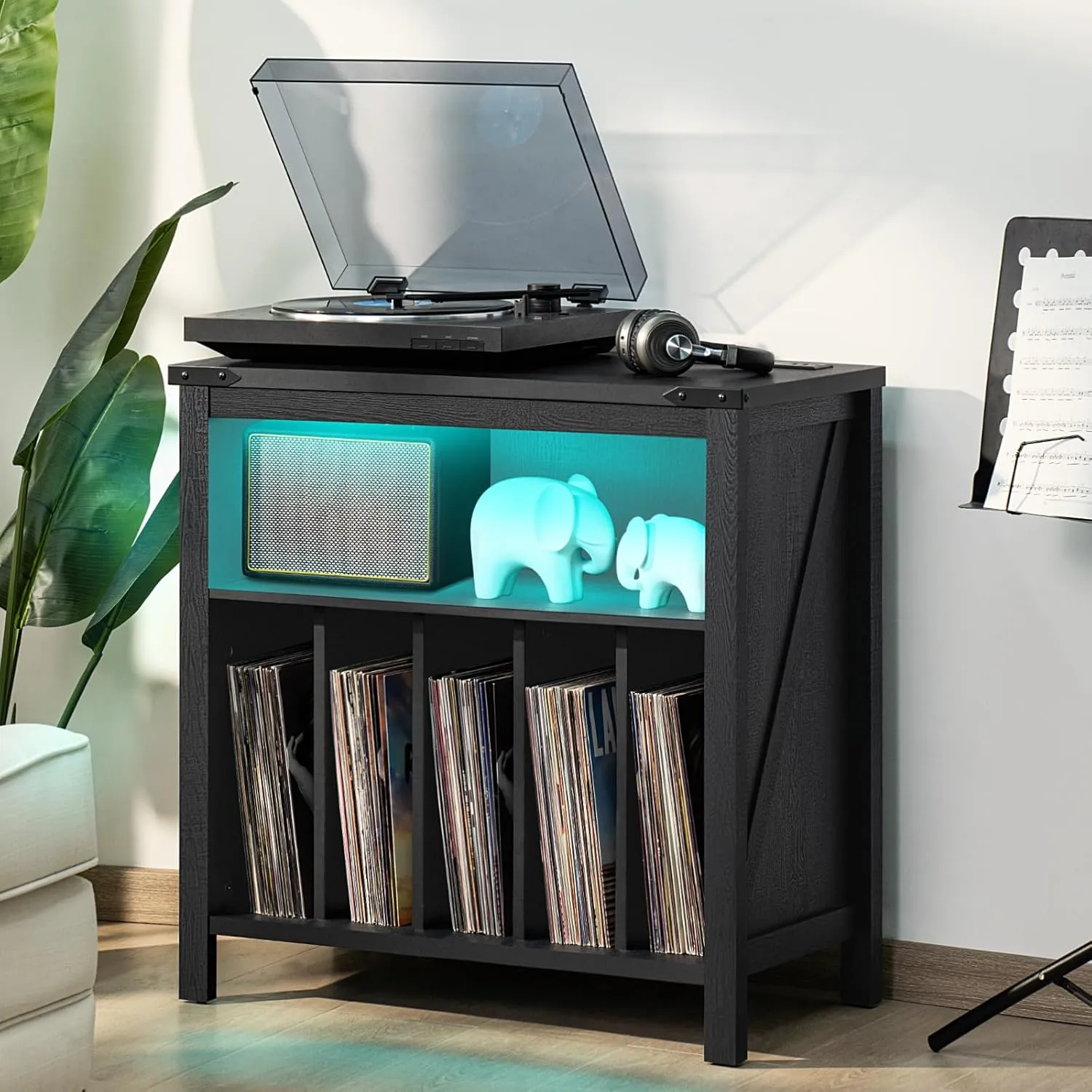 Large Record Player Stand with Charging Station & LED Lights, Black Vinyl Record Storage Holder Holds up to 230 Albums, Turntable Stand with Display Shelf for Music Room Bedroom Living Room.
