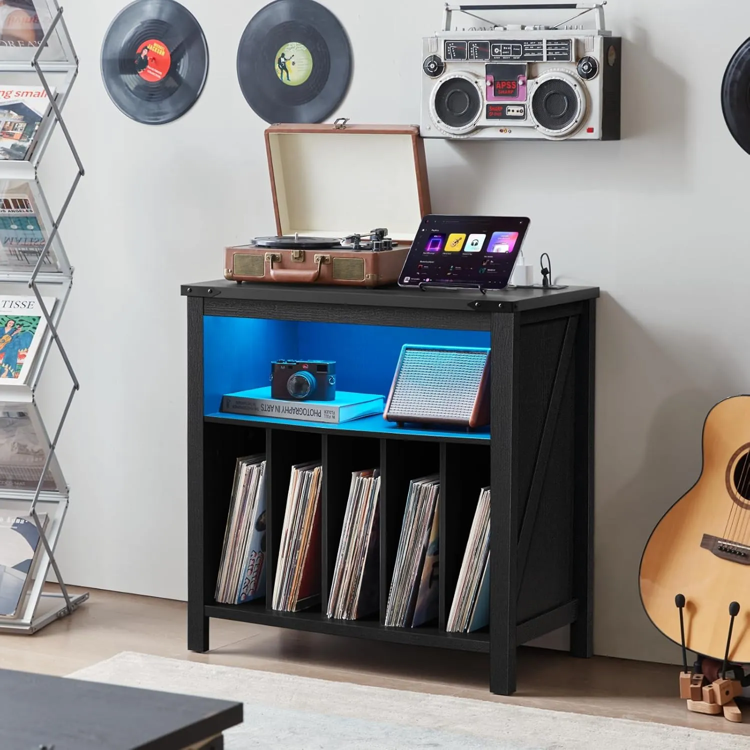 Large Record Player Stand with Charging Station & LED Lights, Black Vinyl Record Storage Holder Holds up to 230 Albums, Turntable Stand with Display Shelf for Music Room Bedroom Living Room.