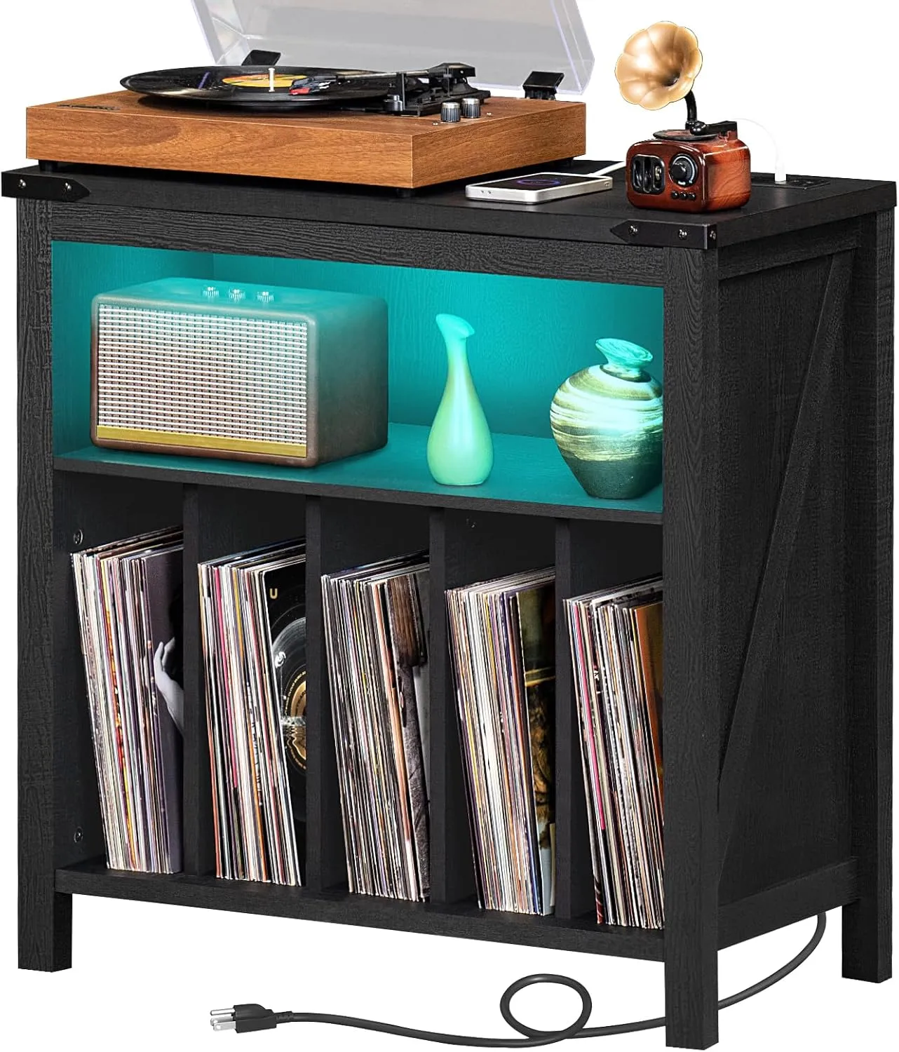 Large Record Player Stand with Charging Station & LED Lights, Black Vinyl Record Storage Holder Holds up to 230 Albums, Turntable Stand with Display Shelf for Music Room Bedroom Living Room.